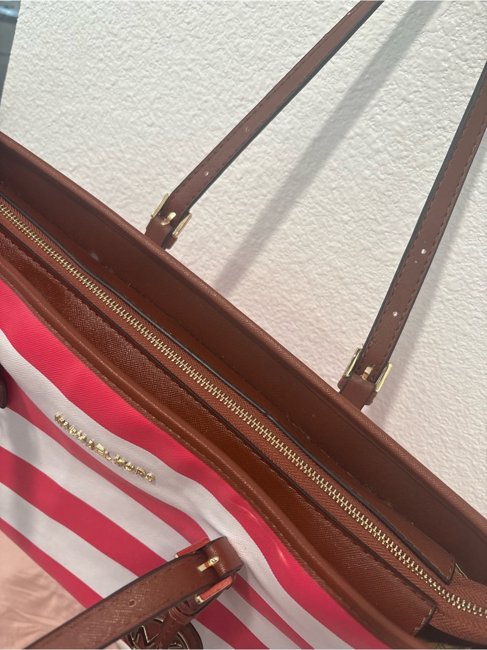 Michael Kors pink and White Striped Tote with Brown Leather Accents - Picture 6 of 12